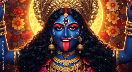 Powerful hindu goddess kali with blue skin and fierce expression in ornate headdress
