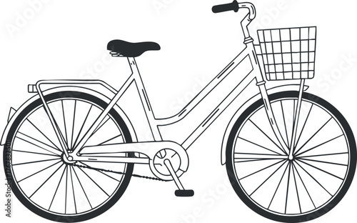 Illustration of a classic bicycle with a basket designed for urban commuting and leisure.