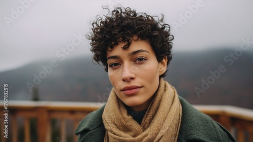 Head-and-Shoulders Portrait of Gen Z Traveler on Foggy Mountain Overlook