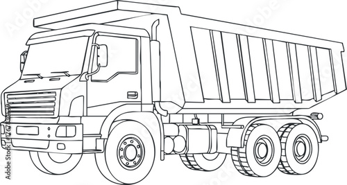 Outline drawing of a dump truck showcasing its structure and design features.