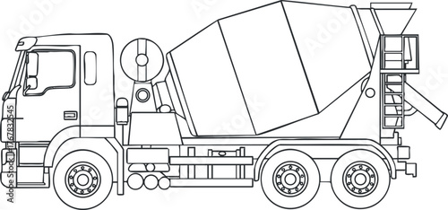 Outline illustration of a cement mixer truck designed for construction and transportation purposes.