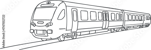 A simple line art illustration of a modern train on railway tracks.
