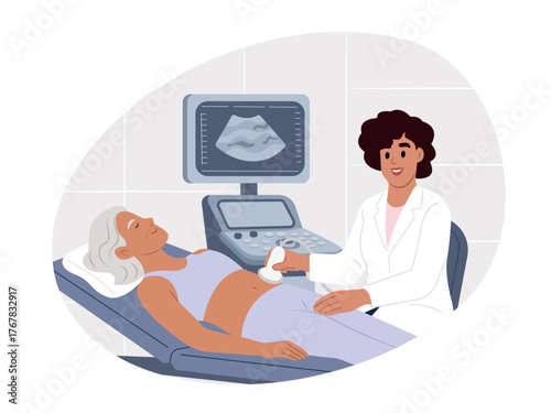 Female doctor is performing an ultrasound scan to examine the internal organs of an elderly female patient.