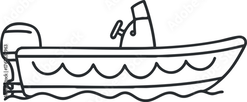 A simple line drawing of a motorboat on water with waves.