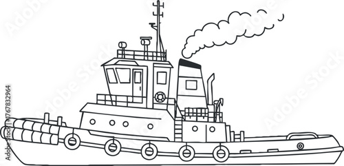 A detailed illustration of a tugboat with smoke rising from the stack on the water.