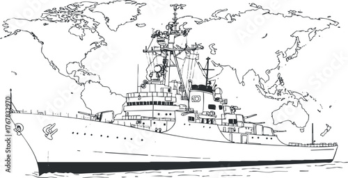 An illustrated outline of a naval cruiser with a world map background showcasing maritime themes.