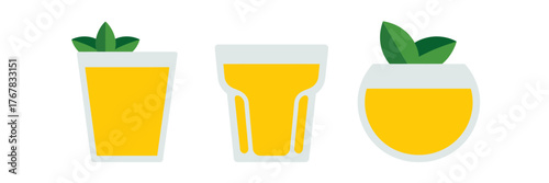 Citrus drink cups collection, three minimal glasses with leaf accents, fresh juice icons, summer beverage vector graphics