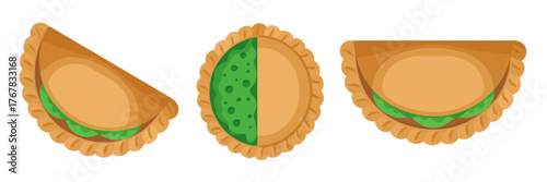 Fried turnover pastries, vegetable filling with green peas, stuffed empanada icons, crispy crust snack, street food vector