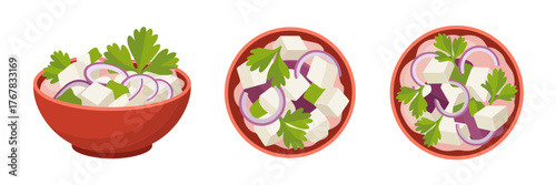 Radish salad bowl, sliced red radishes with herbs, fresh spring vegetables, healthy food illustration, cooking recipe vector