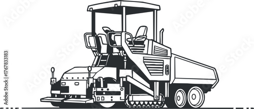 Illustration of a construction asphalt paver machine used for road building and maintenance.