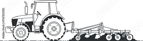 Illustration of a tractor with a plow cultivating the soil in a field.