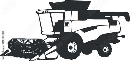 Silhouette of an agricultural harvester machine used for crop harvesting in fields.