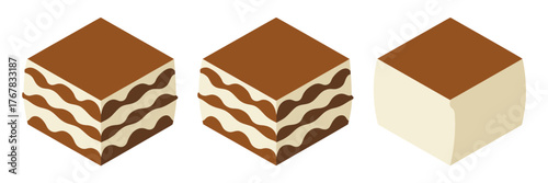 Tiramisu cake cubes, rich mascarpone layers, cocoa topping, elegant dessert icons, patisserie sweets clipart, gourmet vector