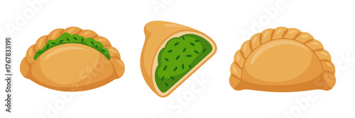 Stuffed turnover pastries, green pea filling, handmade empanada icons, rustic street snack, comfort food illustration, vector