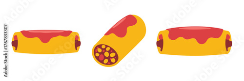 Stuffed tortilla roll set, sliced cross section, spicy filling view, melted cheese drizzle, comfort food illustration, vector graphic