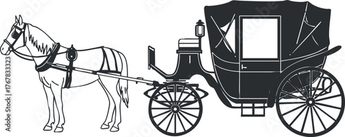 Illustration of a horse pulling a vintage carriage in a classic design style.