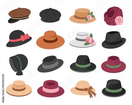 Woman Hat and Cap Vector Set, Vacation Caps, Bonnets, Panama, Fashion Berets, Napper Hats, Traditional Female Headwear, Stylish Accessories for Fashion and Lifestyle Design