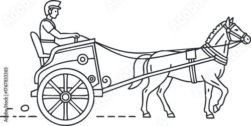 A vintage line drawing of a horse-drawn carriage with a rider moving outdoors.