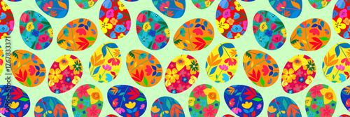 modern easter eggs with flowers colorful seamless pattern vector light green background holiday fabric print abstract bright wallpaper design textile
