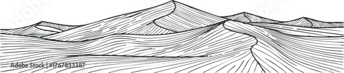 Black and white illustration of abstract sand dunes and mountains with flowing lines and patterns.