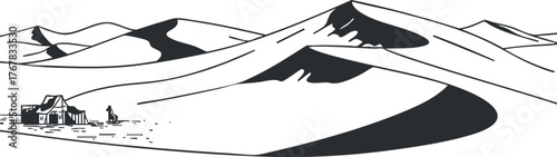 A minimalist black and white illustration of rolling hills and a small cottage in a serene landscape.