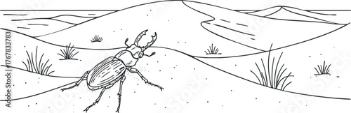 A detailed illustration of a beetle in a desert landscape showcasing its natural habitat.