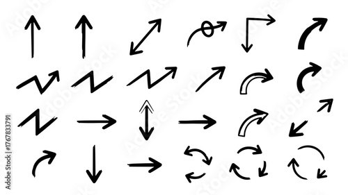 A collection of various hand-drawn arrow icons representing different directions and movements.