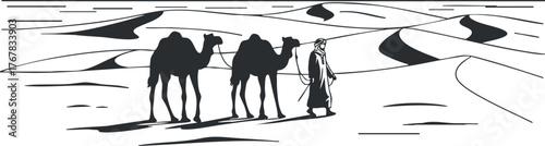 A silhouette of a traveler leading camels across a vast desert landscape.