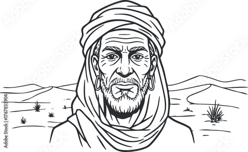 Illustration of an elderly man in traditional attire set against a desert landscape.
