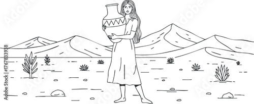A woman carrying a pottery vase in a minimalist desert landscape with mountains and plants.