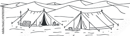 Illustration of camping tents set in a scenic outdoor landscape with mountain backdrop.