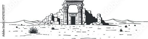 Illustration of ancient ruins in a desert landscape featuring a stone archway and surrounding vegetation.