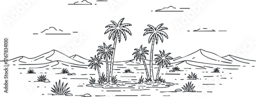 A minimalist illustration of a desert landscape featuring palm trees and distant mountains.