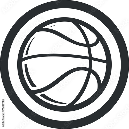 A simple black and white illustration of a basketball within a circular design.