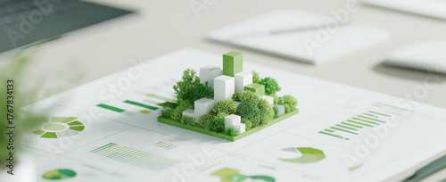 Miniature green city on financial charts. Concept of sustainable urban development, smart eco-friendly architecture and green investment strategy