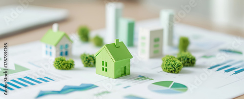 Green miniature 3d houses on financial charts. Concept of eco-friendly real estate investment, sustainable construction and home renovation project