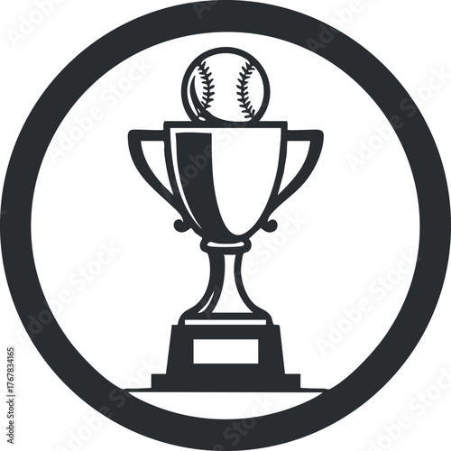 A black and white illustration of a trophy featuring a baseball on top.