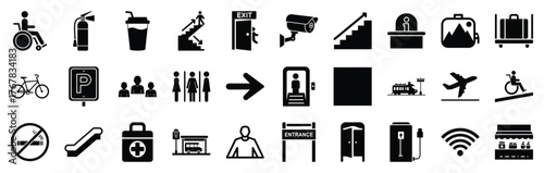 Public Space Wayfinding Glyph Vector Icons Set - Minimal Silhouette Collection Featuring Directional Signs, Navigation Symbols, Restroom, Accessibility, and Information Icons