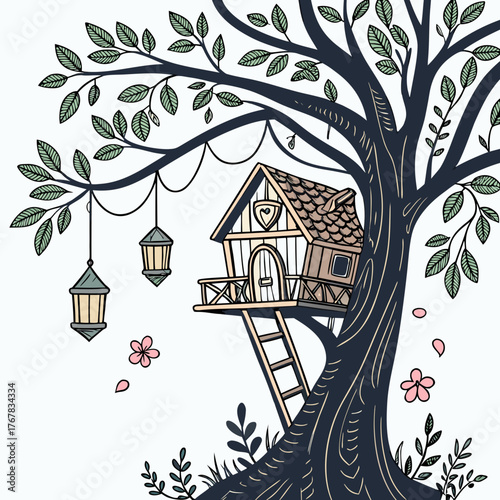 Illustration of a cute tree house with lanterns