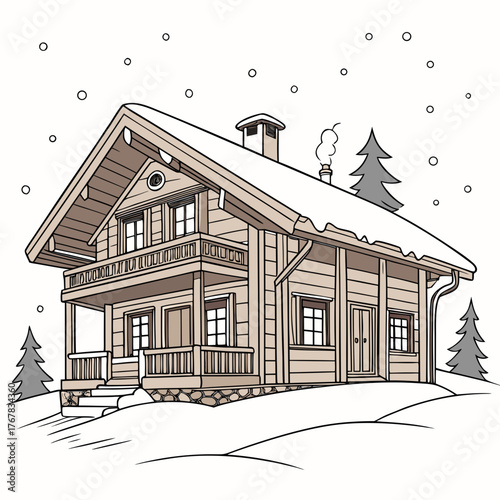 Charming winter cabin with snow and balcony