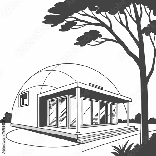 Geodesic dome house with tree in black and white