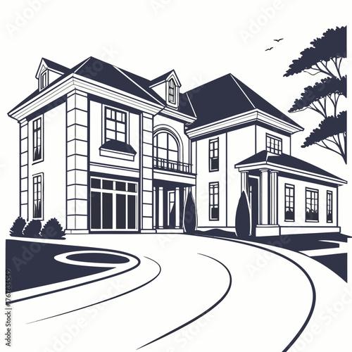 Illustration of a grand house with a circular driveway