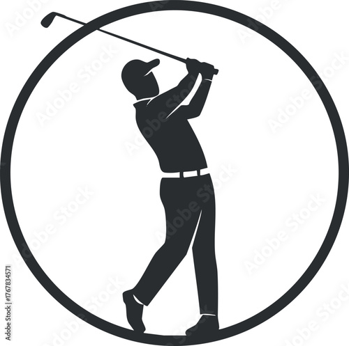 Silhouette of a golfer in mid-swing inside a circular graphic design