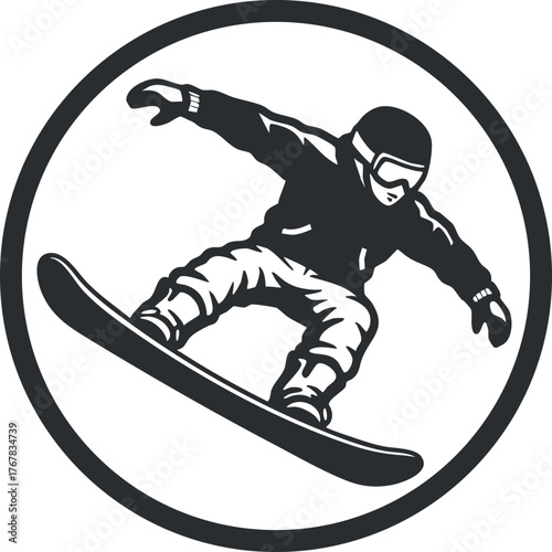 A dynamic silhouette of a snowboarder in action captured in a circular design.