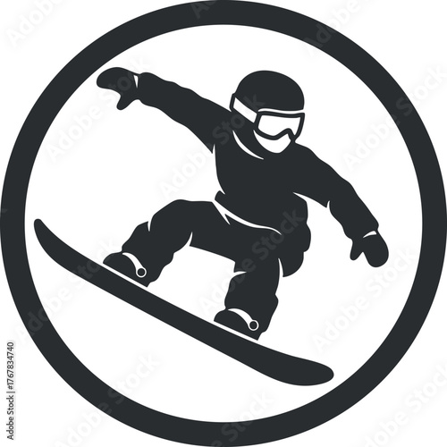 A silhouette of a snowboarder performing an aerial trick in a circular emblem design.