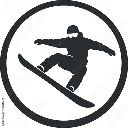 A silhouette of a snowboarder performing a jump in a circular design.