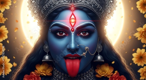Powerful hindu goddess kali with blue skin and fiery eyes in a divine aura