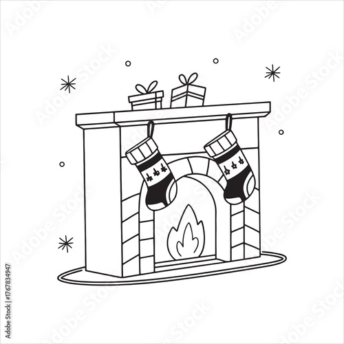 Cozy Christmas fireplace with hanging stockings, holiday home decoration vector illustration art