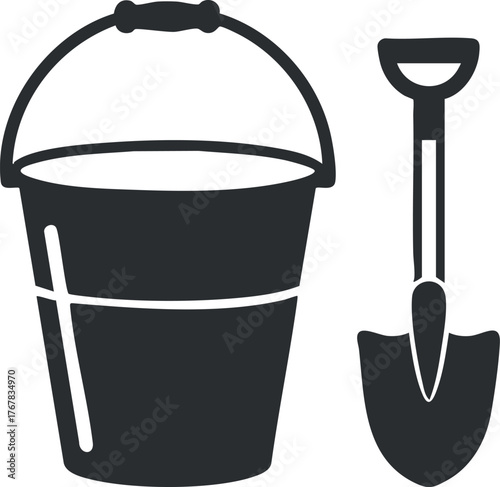 An illustration of a bucket and shovel, ideal for gardening and outdoor activities.