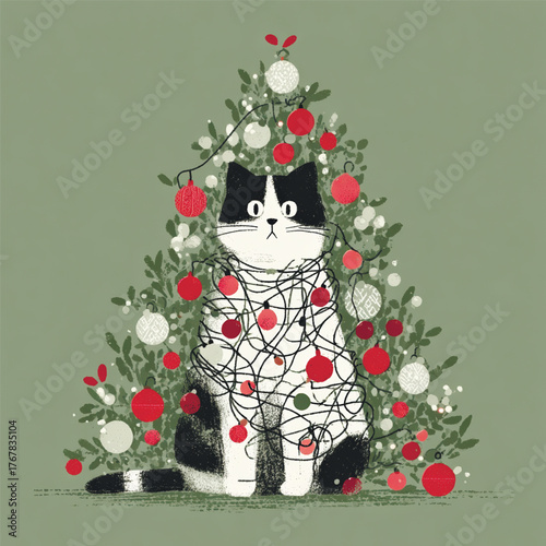 Cute vector of cat wrapped in Christmas lights and ornaments sitting inside decorated tree. Funny and charming holiday illustration for winter designs. Vector illustration